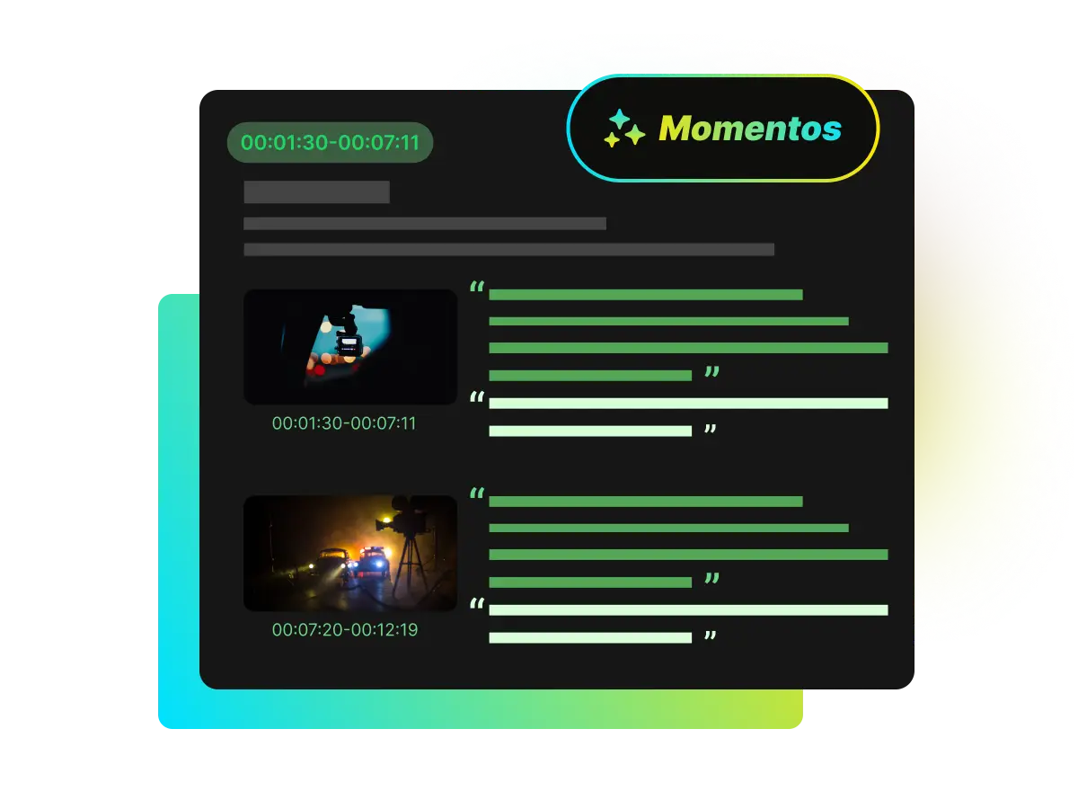 La función 'Momentos' del resumidor de WayinVideo, destacando clips clave y compartibles identificados por IA de un video más largo.